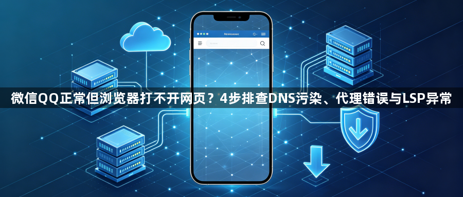 微信QQ正常但浏览器打不开网页?4步排查DNS污染、代理错误与LSP异常1